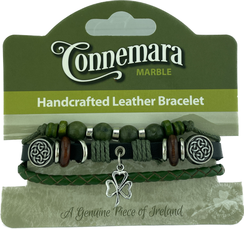 Leather & Connemara Marble Hippie Bracelet - Shamrock Charm