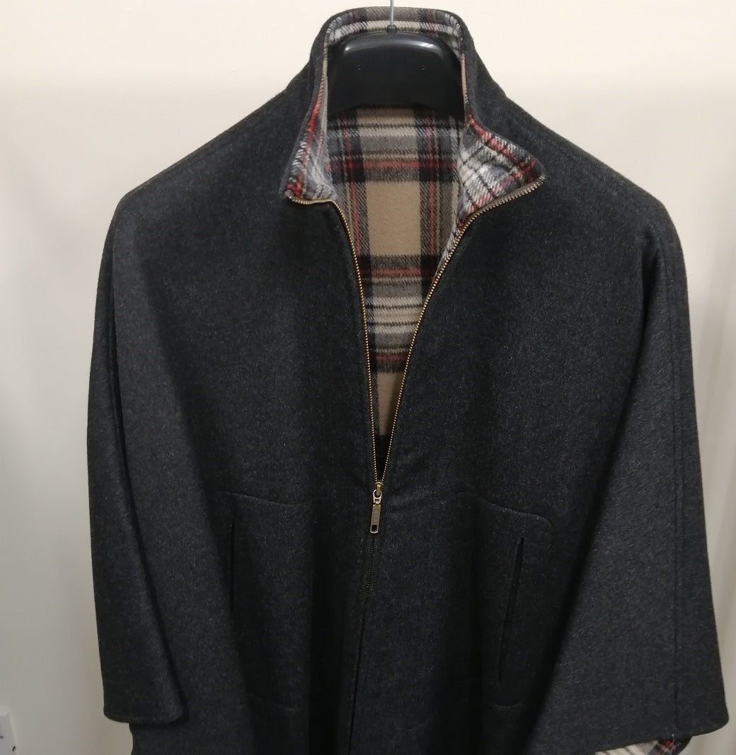 Double Face Zippered Cape - Charcoal W/Camel Stewart Tartan