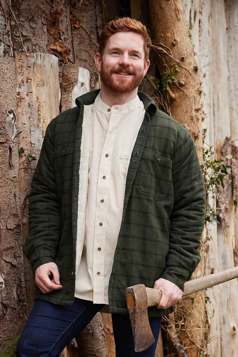 Fleece Lined Grandfather Shirt - Forest Green & Black