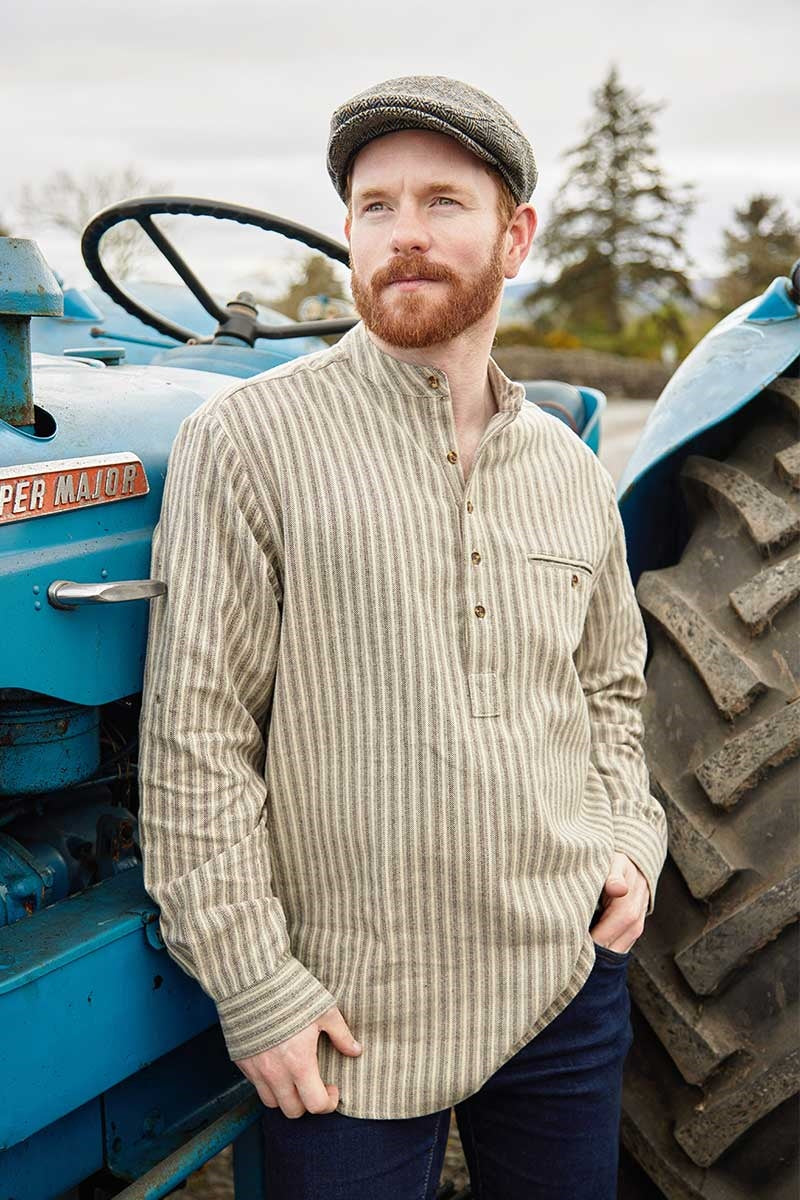 Traditional Flannel Grandfather Shirt - Beige, Green & Maroon Stripe