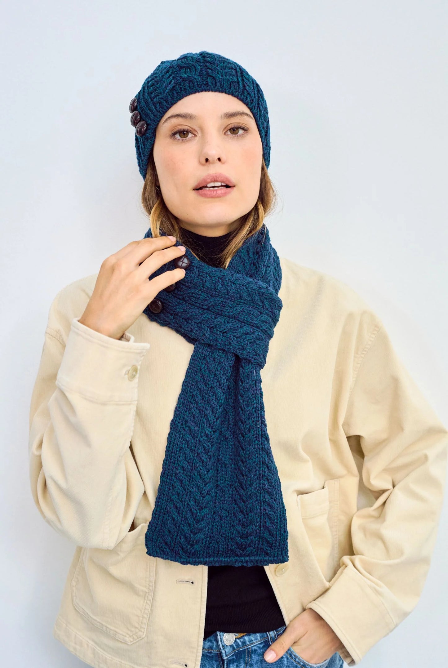 Ballina Aran Buttoned Loop Scarf - Atlantic