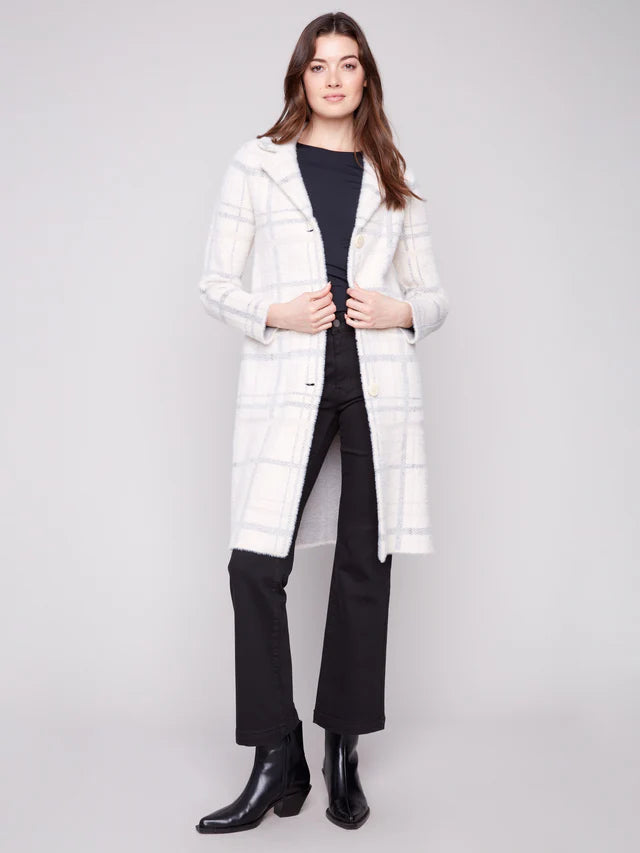 Long Plaid Knit Coatigan -  Ivory