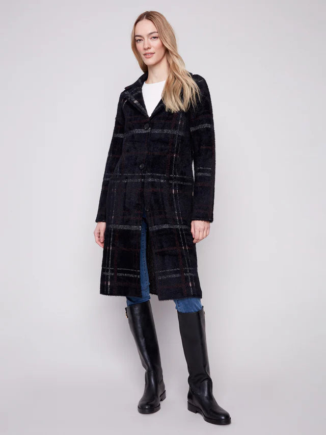 Long Plaid Knit Coatigan -  Mocha