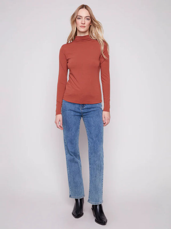 Long Sleeve Mock Neck Fine Rib Top