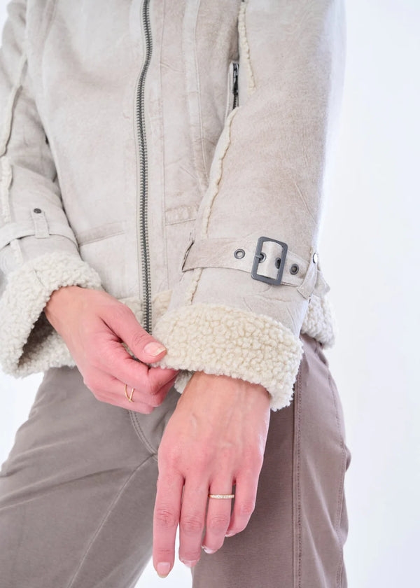 Osha Faux Shearling Distressed Scuba  Sued Biker Jacket