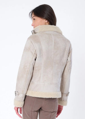 Osha Faux Shearling Distressed Scuba  Sued Biker Jacket