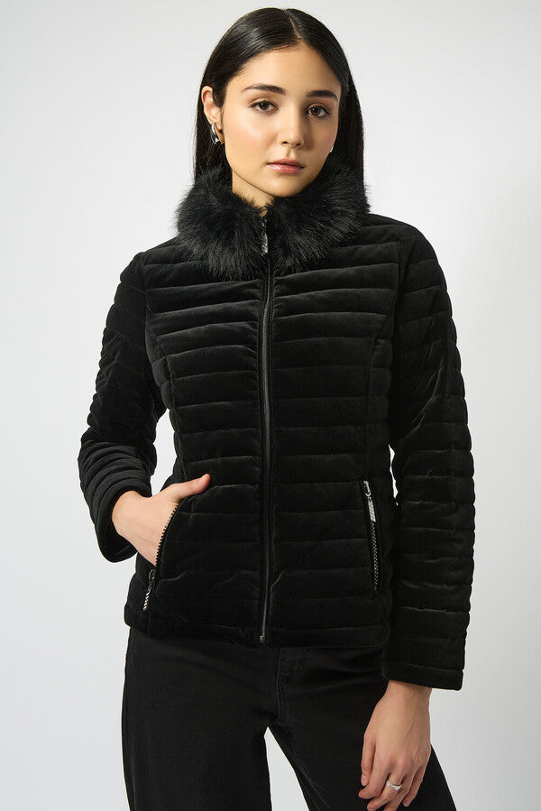 Velvet Puffer Jacket With Faux Fur Collar And Crystals On Zipper Pockets