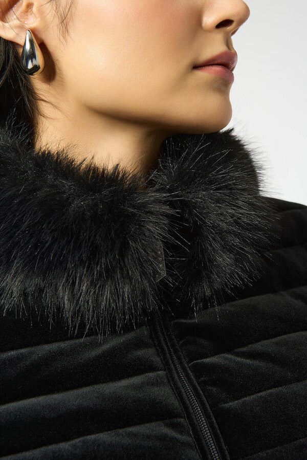 Velvet Puffer Jacket With Faux Fur Collar And Crystals On Zipper Pockets