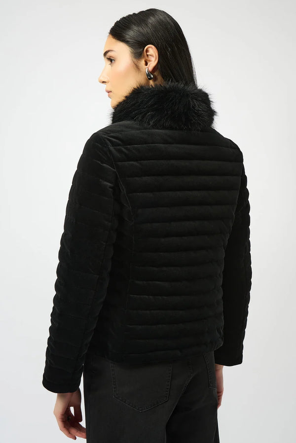 Velvet Puffer Jacket With Faux Fur Collar And Crystals On Zipper Pockets