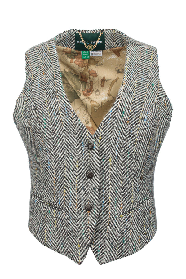 Ladies Tweed Waistcoat - Black & White Herringbone