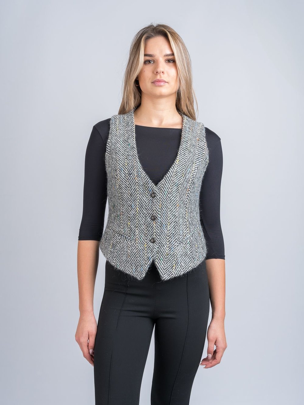 Ladies Tweed Waistcoat - Black & White Herringbone