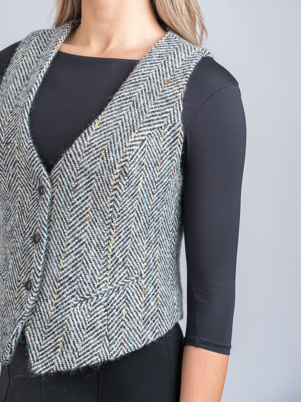 Ladies Tweed Waistcoat - Black & White Herringbone
