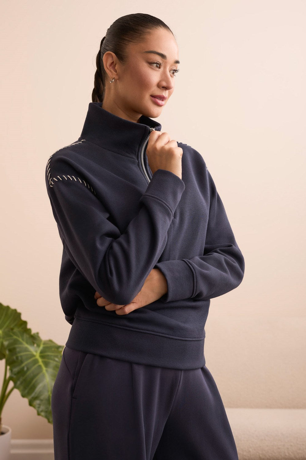Zip Funnel Neck Top w/ Stitching