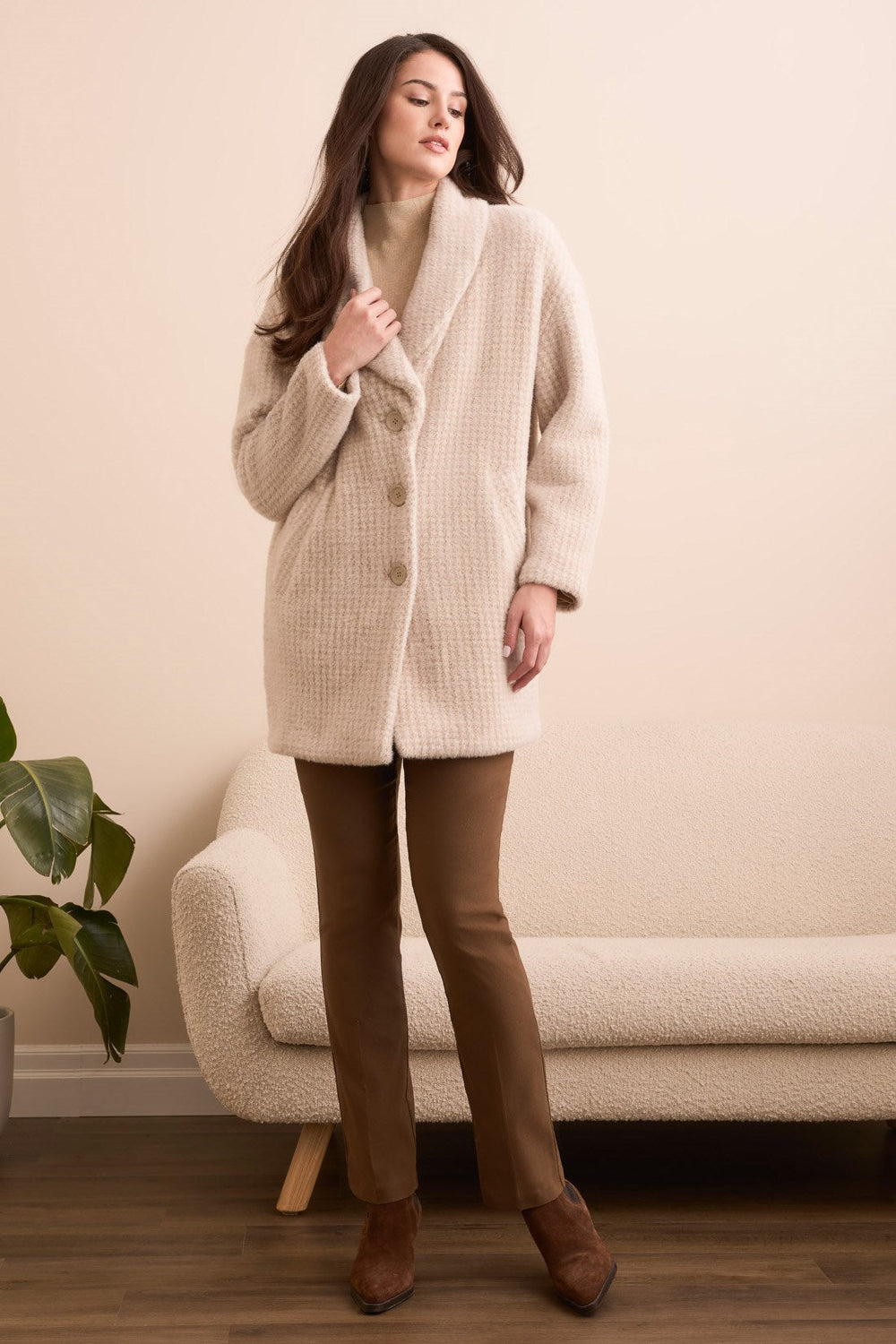 Fuzzy Houndstooth Button-Front Shawl Knit Coat