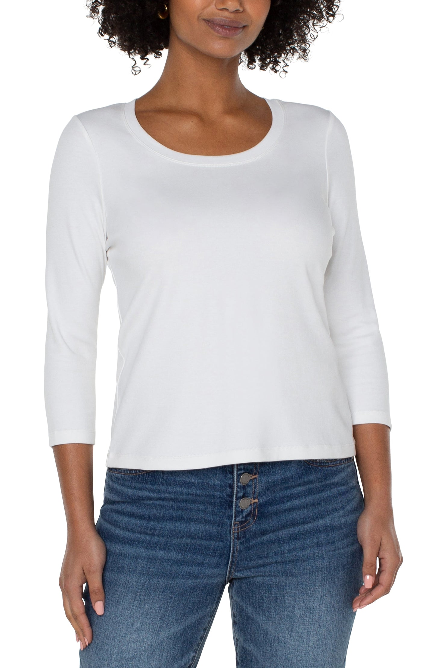 3/4 Sleeve Scoop Neck Knit Tee - White