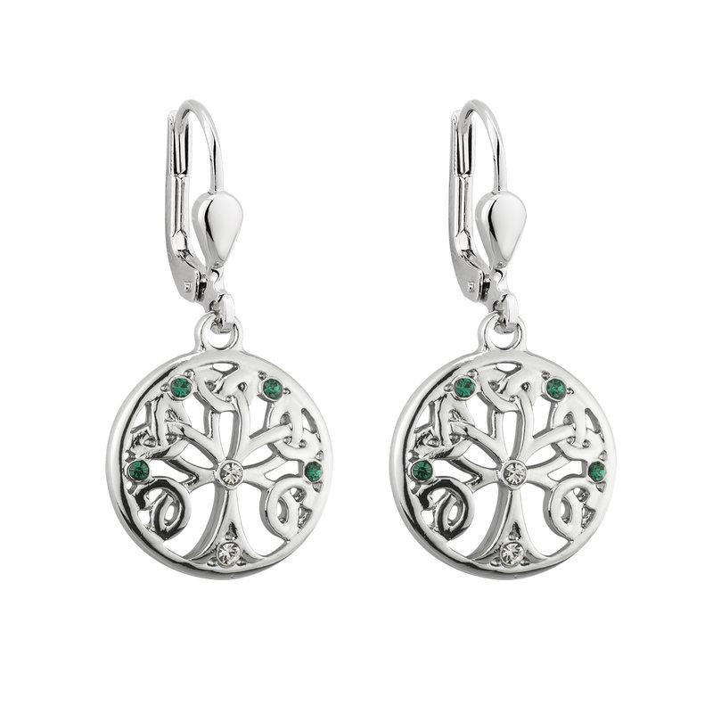 S33904 Rhodium Crystal Tree of Life Drop Earrings