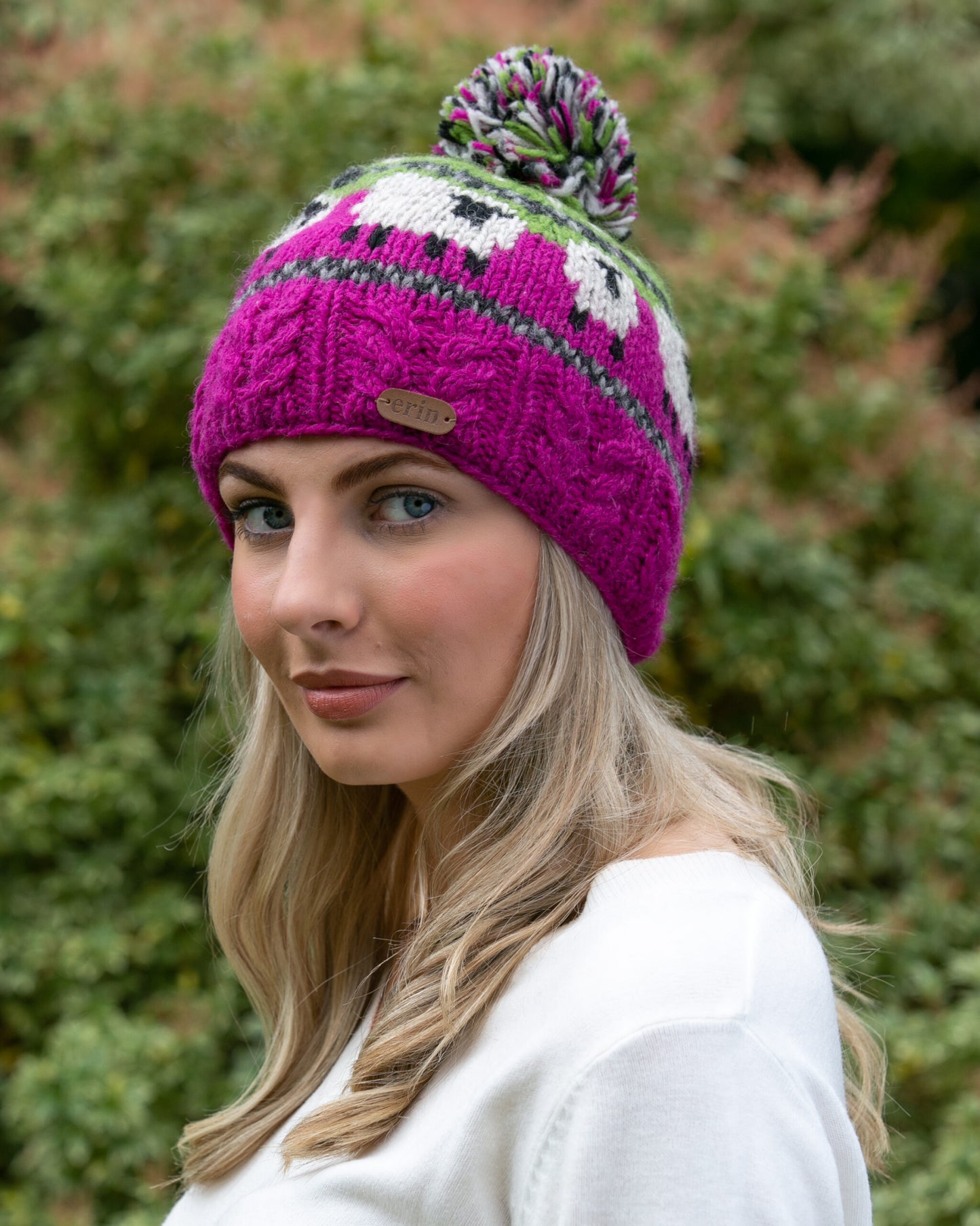 Sheep Bobble Hat w/ Cable Band - Pink & Green