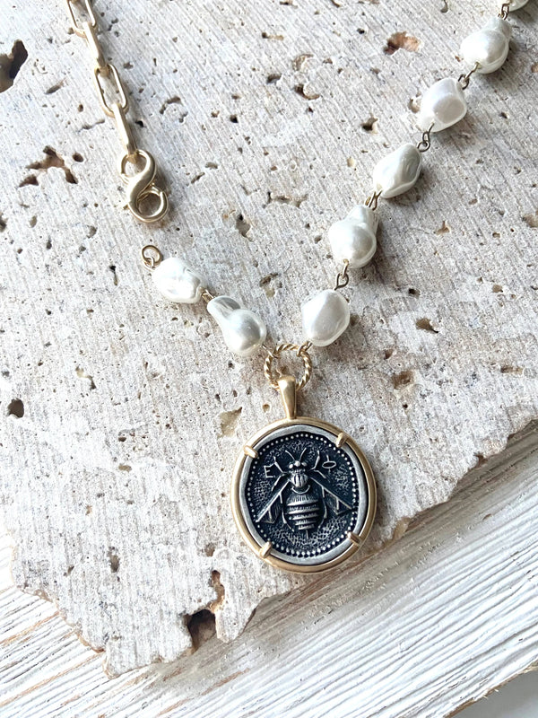 Bee Pendant w/ Gold Paperclip Chain & Pearls