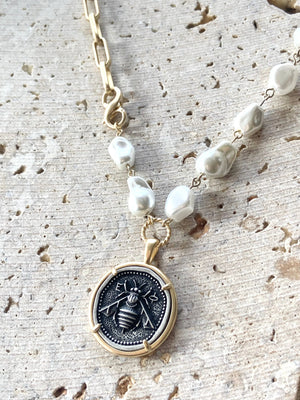 Bee Pendant w/ Gold Paperclip Chain & Pearls