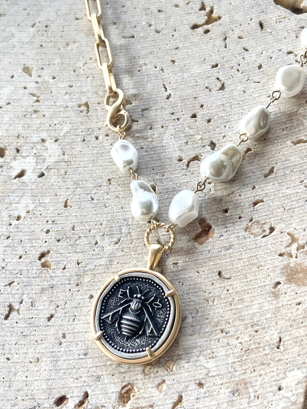 Bee Pendant w/ Gold Paperclip Chain & Pearls