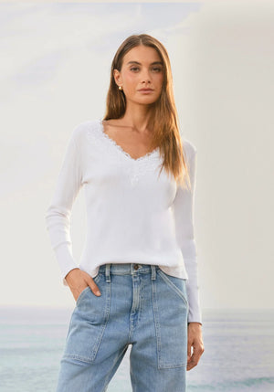 Remi V-Neck w/ Lace Trim - White