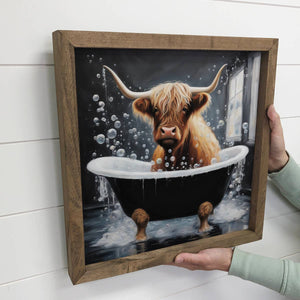 Highland Cow in Black Tub 11" x 11" Small Canvas