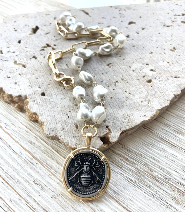 Bee Pendant w/ Gold Paperclip Chain & Pearls