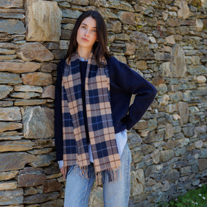Irish Luxury Merino Wool Scarf - Navy, Beige & Brown Check