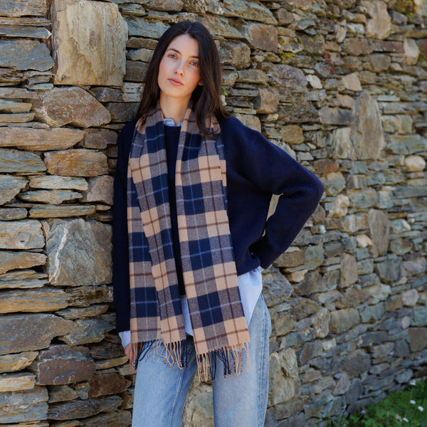 Irish Luxury Merino Wool Scarf - Navy, Beige & Brown Check