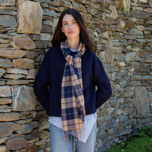 Irish Luxury Merino Wool Scarf - Navy, Beige & Brown Check