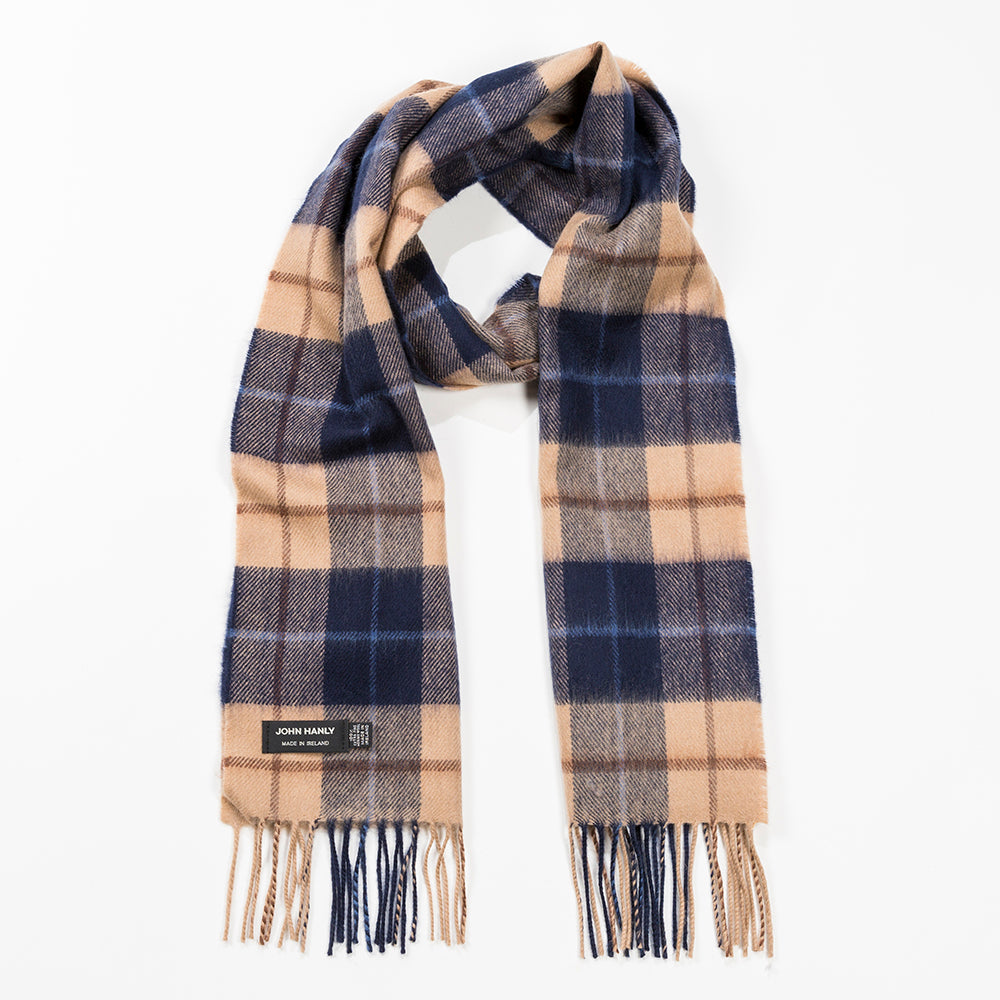 Irish Luxury Merino Wool Scarf - Navy, Beige & Brown Check