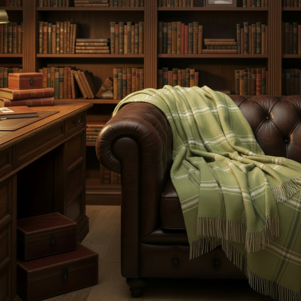 Luxury Merino & Cashmere Throw - Green, Beige & Cream Overcheck
