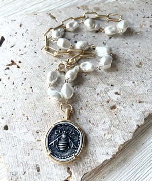 Bee Pendant w/ Gold Paperclip Chain & Pearls