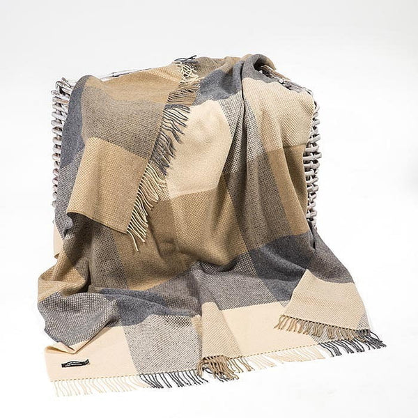 Merino Wool & Cashmere Throw - Cream, Charcoal Large Block