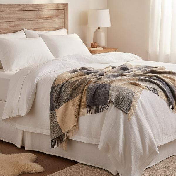 Merino Wool & Cashmere Throw - Cream, Charcoal Large Block