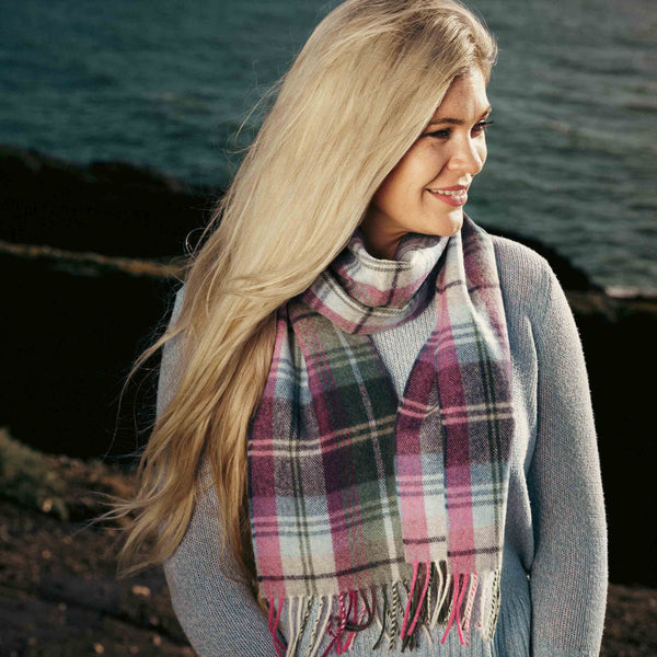Irish Luxury Merino Wool Scarf - Green, Blue & Pink Plaid