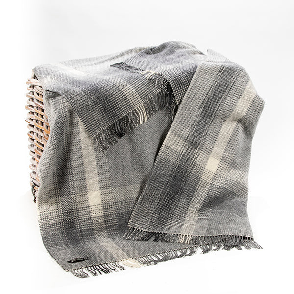 Merino Wool & Cashmere Throw - Grey & Silver Border Check