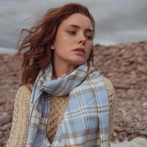 Irish Luxury Merino Wool Scarf - Baby Blue & Cream Check