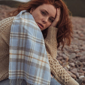 Irish Luxury Merino Wool Scarf - Baby Blue & Cream Check