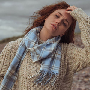 Irish Luxury Merino Wool Scarf - Baby Blue & Cream Check