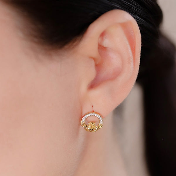 14KT Gold Vermeil Stud Claddagh Earrings w/ White Cubic Zirconias