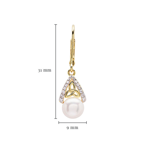 14KT Gold Vermeil Drop Pearl Celtic Trinity Knot Earrings