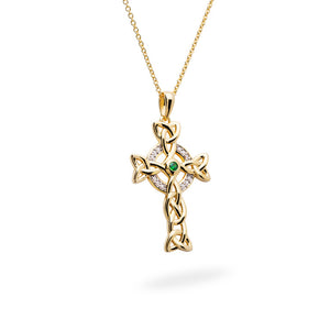 14KT Gold Vermeil Emerald Celtic Cross Necklace w/ White Cubic Zirconias