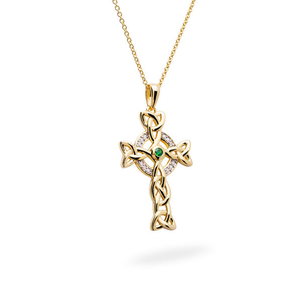 14KT Gold Vermeil Emerald Celtic Cross Necklace w/ White Cubic Zirconias