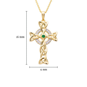 14KT Gold Vermeil Emerald Celtic Cross Necklace w/ White Cubic Zirconias