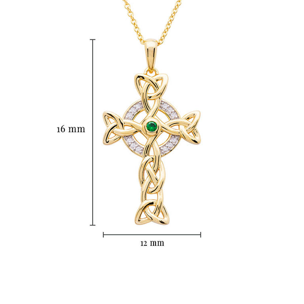 14KT Gold Vermeil Emerald Celtic Cross Necklace w/ White Cubic Zirconias