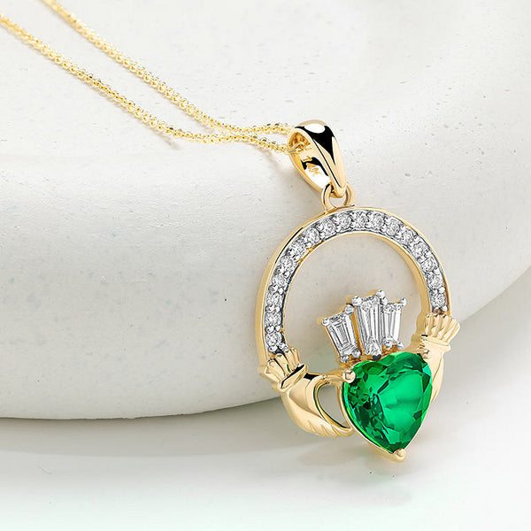 14K Gold Lab Grown Diamond and Emerald Claddagh Necklace