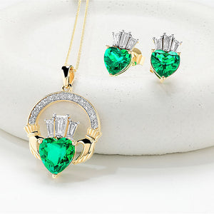 14K Gold Lab Grown Diamond and Emerald Claddagh Necklace