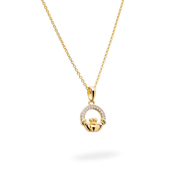 14KT Gold Vermeil Claddagh Necklace w/ White Cubic Zirconias