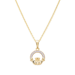 14KT Gold Vermeil Claddagh Necklace w/ White Cubic Zirconias